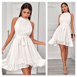 White Chiffon Flared Belted Mini Dress